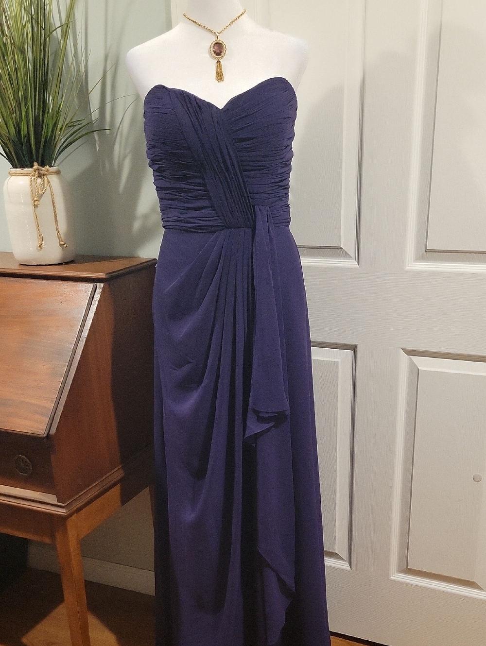 Pretty Maids Strapless Ruched Gown in Deep Purple